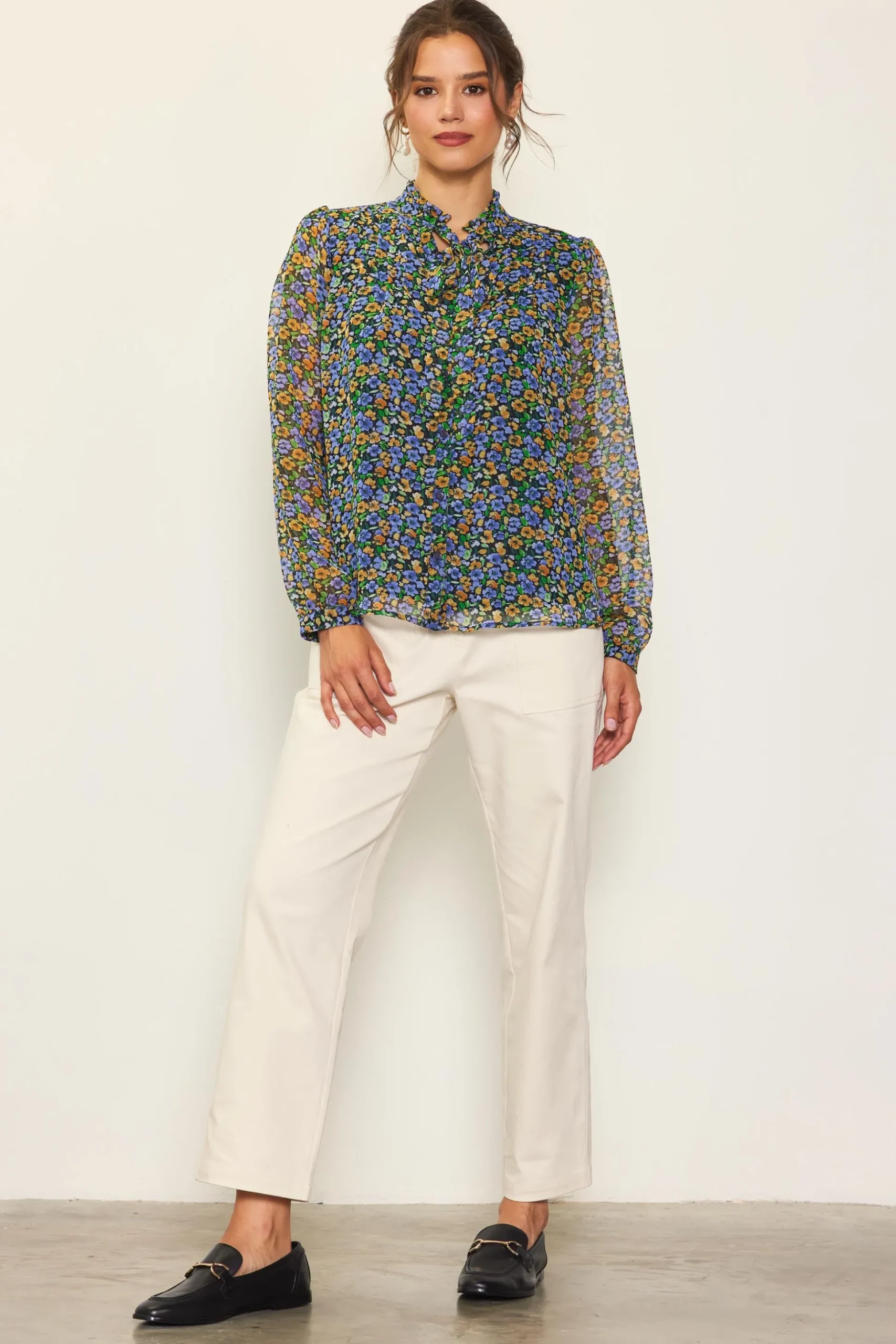 Daisy Print Neck Tie Blouse