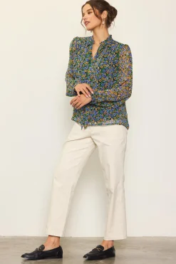 Daisy Print Neck Tie Blouse