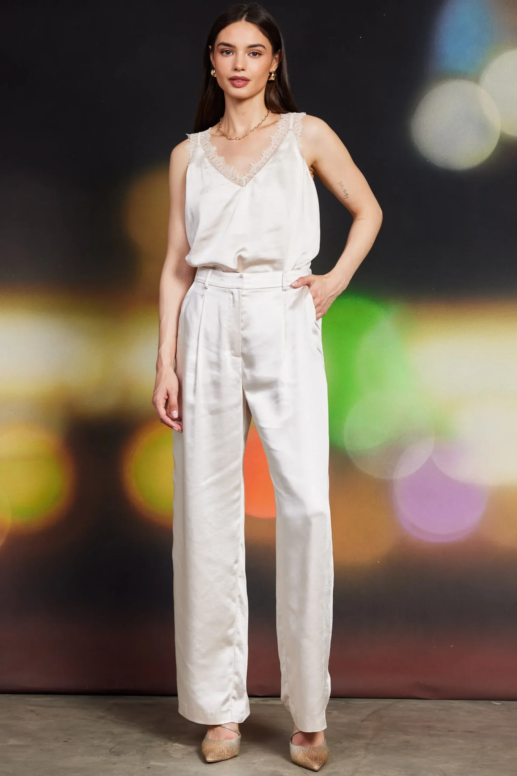 High Waisted Satin Straight Leg Pant