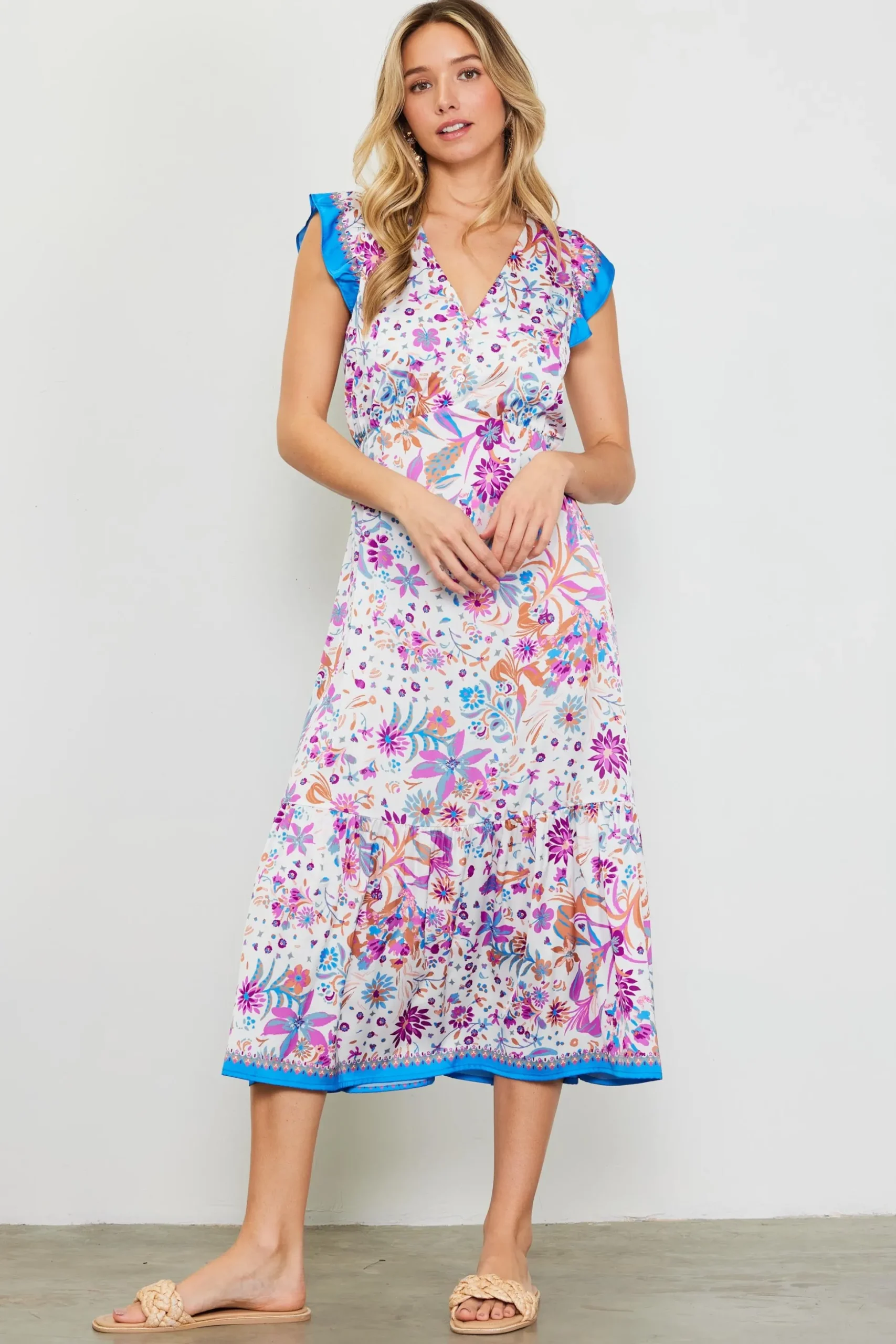 Magnolia Border Print Flutter Sleeve Dress