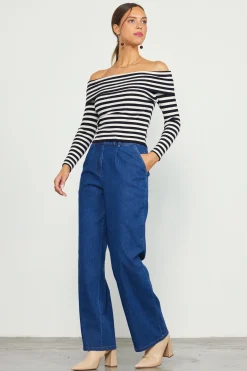 Off Shoulder Stripped Knit Top