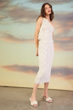 One Shoulder Ruffle Trim Lace Top