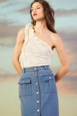 One Shoulder Ruffle Trim Lace Top