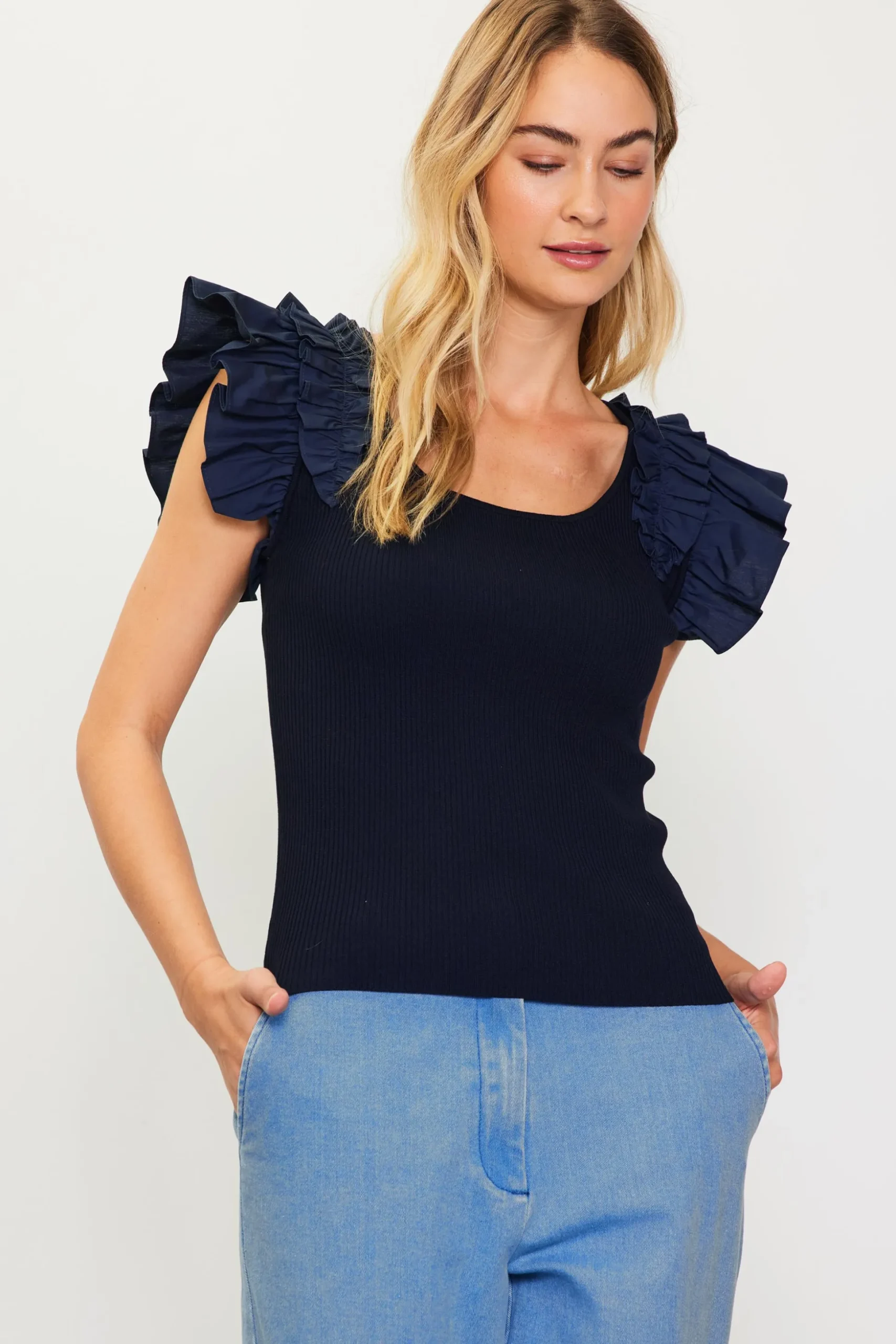 Shirred Ruffle Sleeve Ribbed Sweater