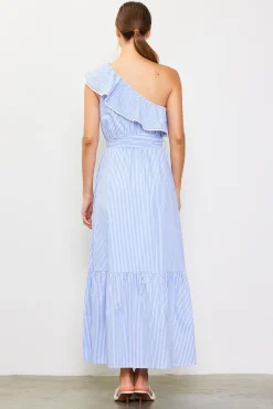Striped One Shoulder Ruffle Dress